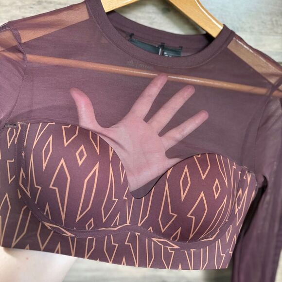 Adidas Ivy Park Monogram Brown Athletic Crop Top Mesh Long Sleeves Women's S - Picture 3 of 13